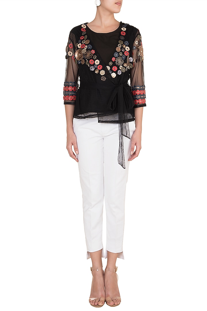 Black Embellished Floral Wrap Top by Devina Juneja at Pernia's Pop Up Shop