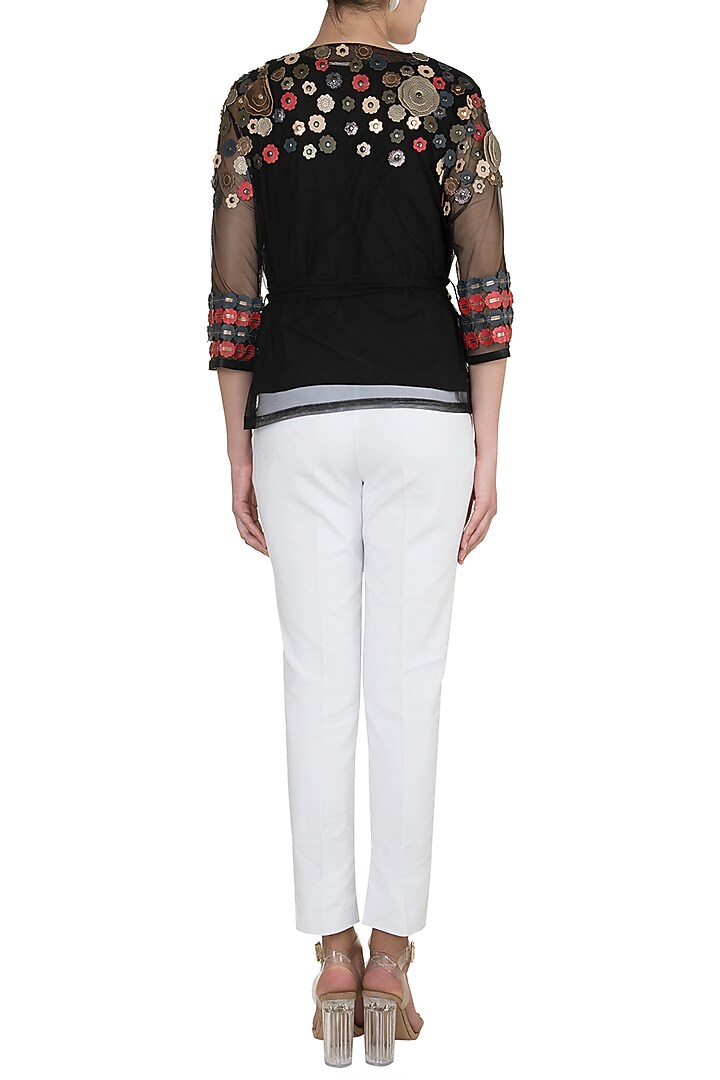 Black Embellished Floral Wrap Top by Devina Juneja at Pernia's Pop Up Shop