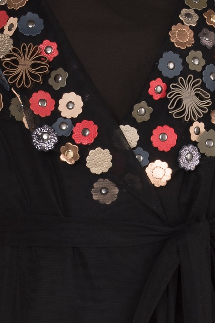 Black Embellished Floral Wrap Top by Devina Juneja at Pernia's Pop Up Shop