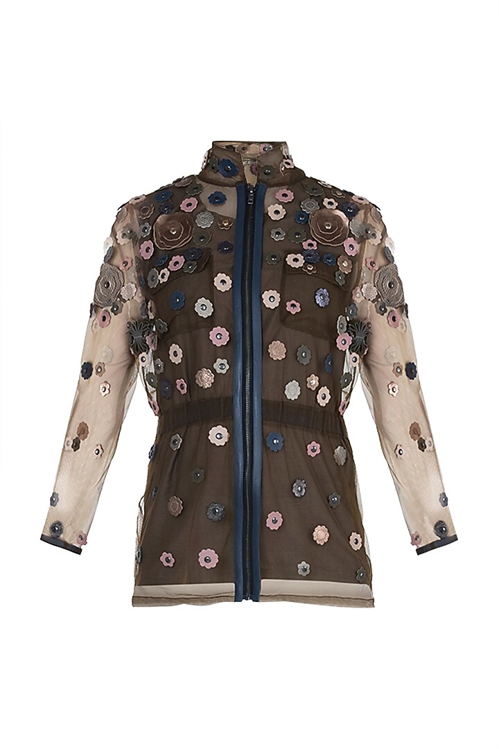 Brown Embellished Floral Jacket With Inner by Devina Juneja at Pernia's Pop Up Shop