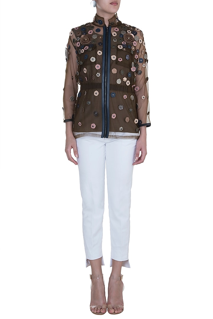 Brown Embellished Floral Jacket With Inner by Devina Juneja at Pernia's Pop Up Shop