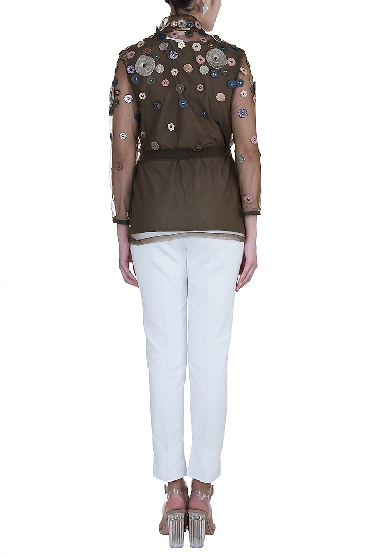 Brown Embellished Floral Jacket With Inner by Devina Juneja at Pernia's Pop Up Shop