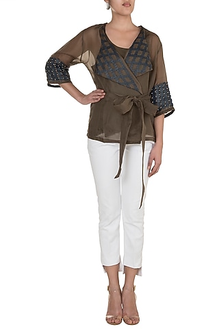 Khaki Brown Circle Wrap Top by Devina Juneja