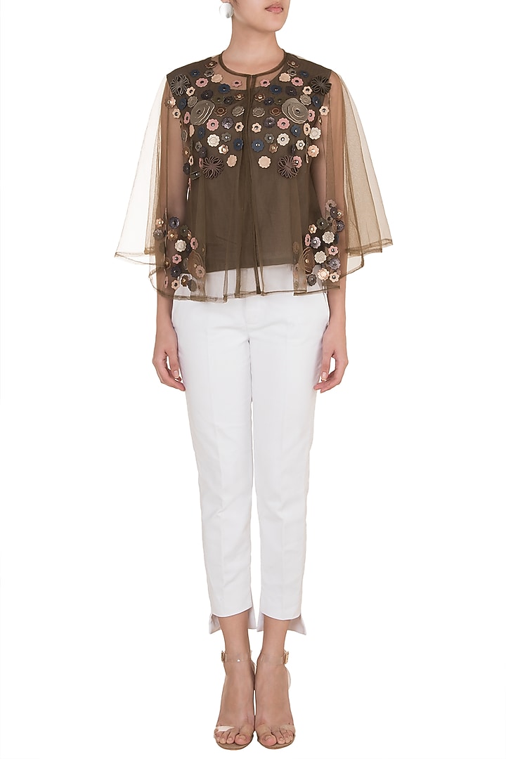 Brown Embellished Floral Cape by Devina Juneja at Pernia's Pop Up Shop