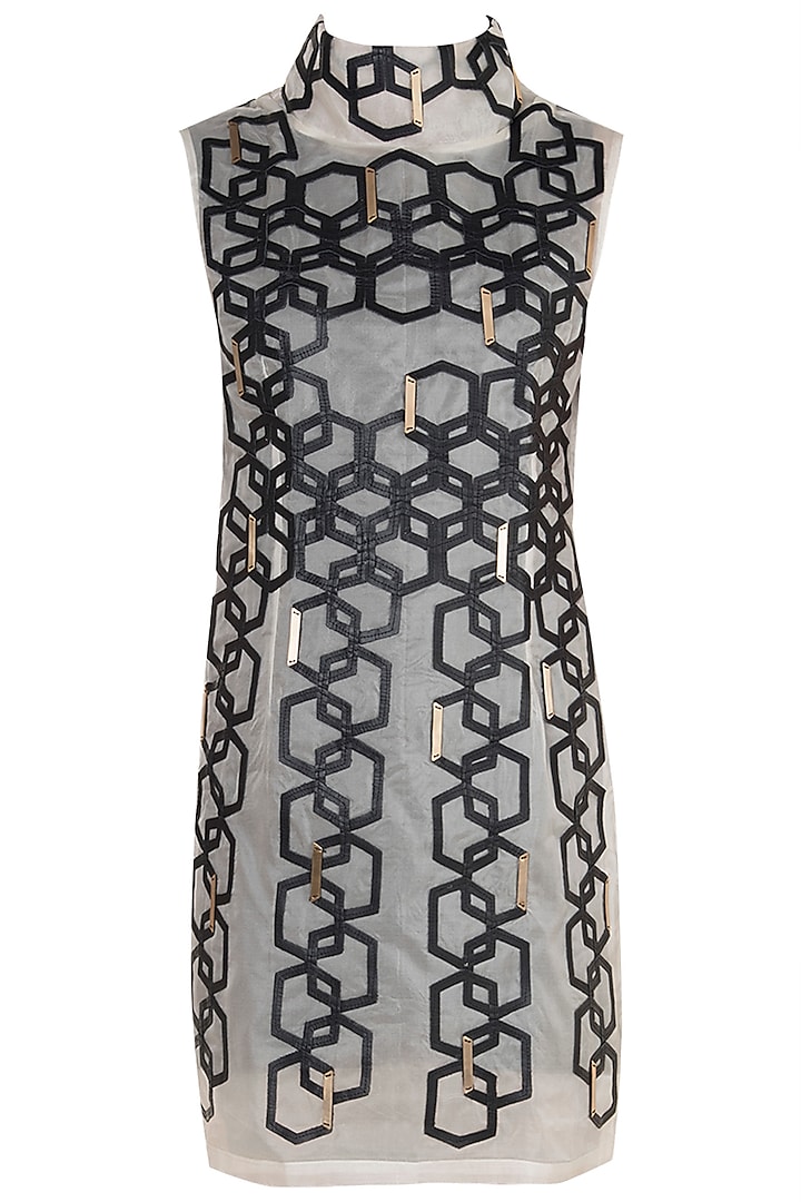 Black & White Hexagon High Neck Dress With Inner by Devina Juneja