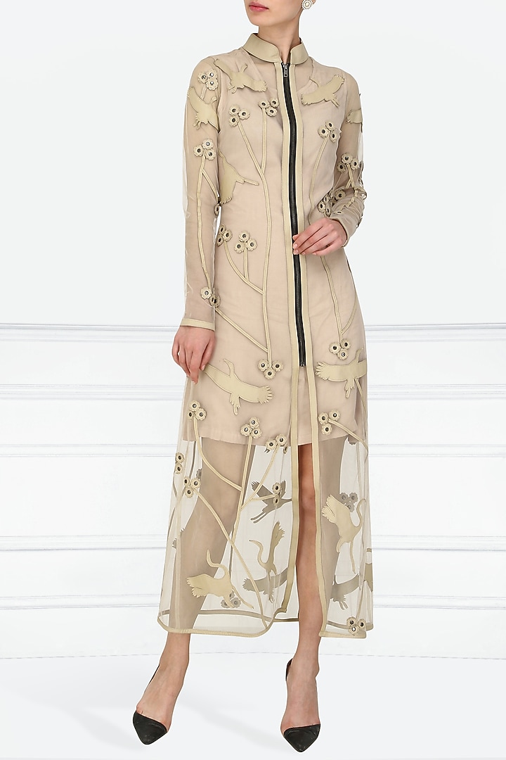 Nude applique work front open trench dress available only at Pernia's Pop Up Shop.