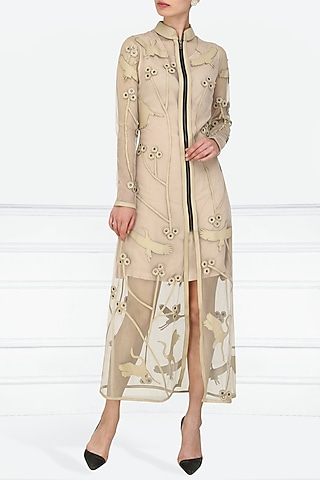 Nude Applique Work Front Open Trench Dress by Devina Juneja