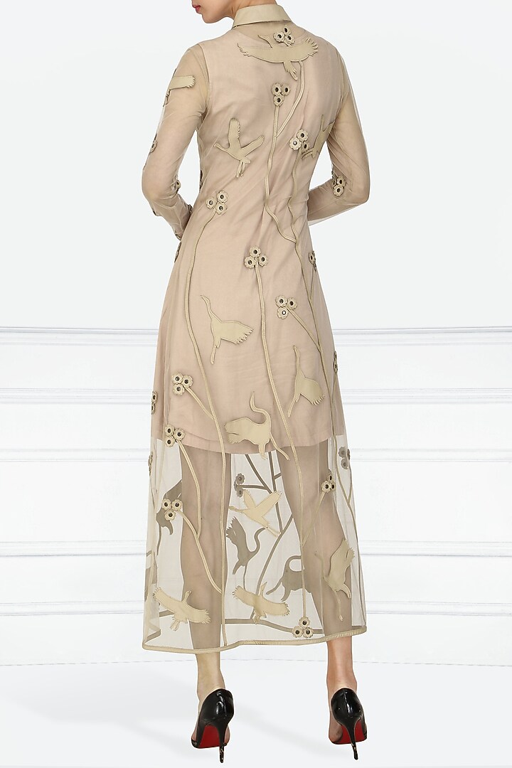 Nude applique work front open trench dress available only at Pernia's Pop Up Shop.