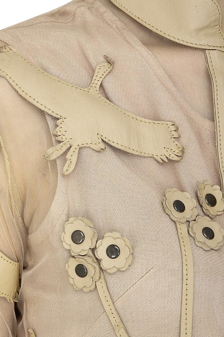 Nude applique work front open trench dress available only at Pernia's Pop Up Shop.