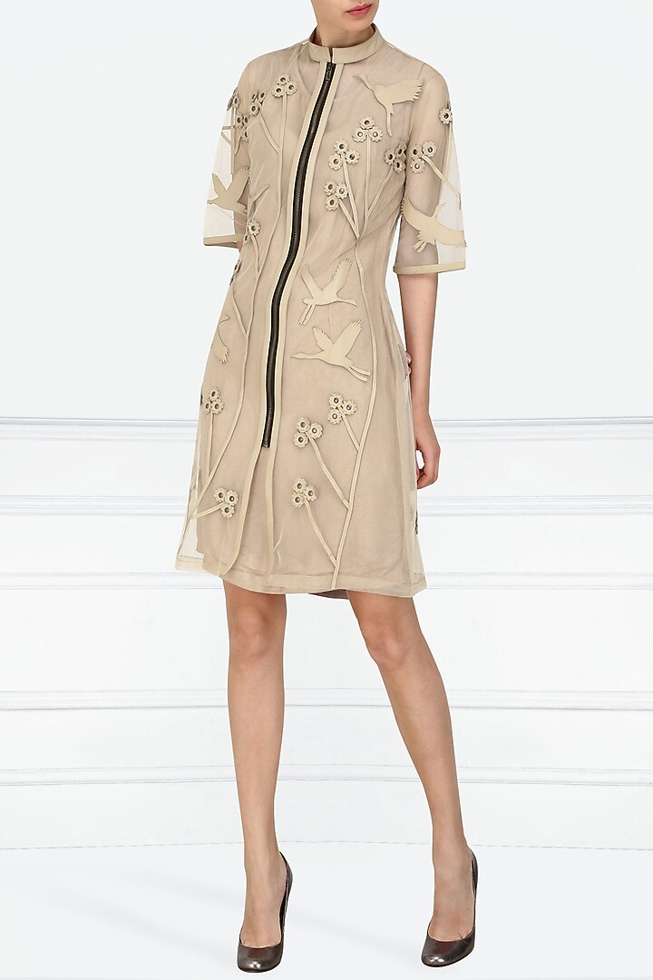 Nude applique work knee length dress available only at Pernia's Pop Up Shop.