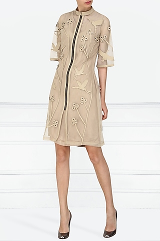 Nude Applique Work Knee Length Dress by Devina Juneja