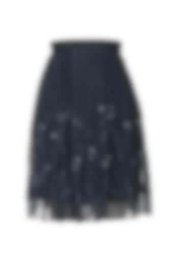 Navy Blue Applique Work Knee Length Skirt by Devina Juneja