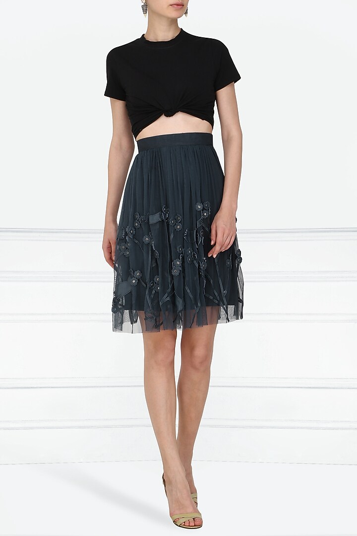 Navy blue applique work knee length skirt available only at Pernia's Pop Up Shop.