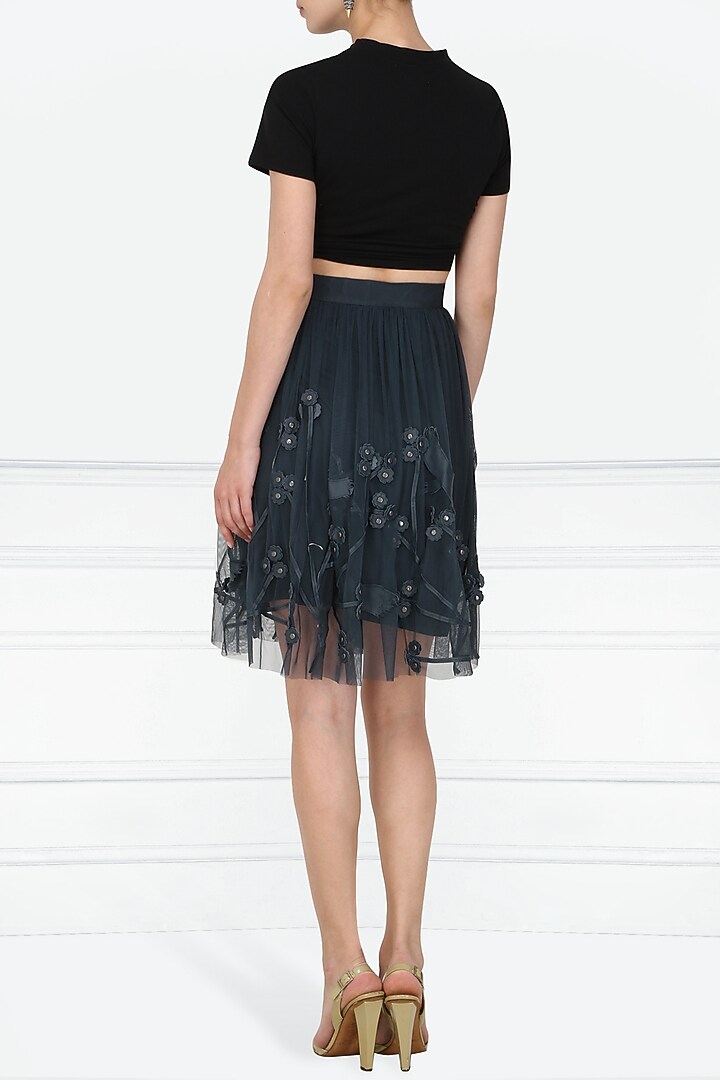 Navy blue applique work knee length skirt available only at Pernia's Pop Up Shop.