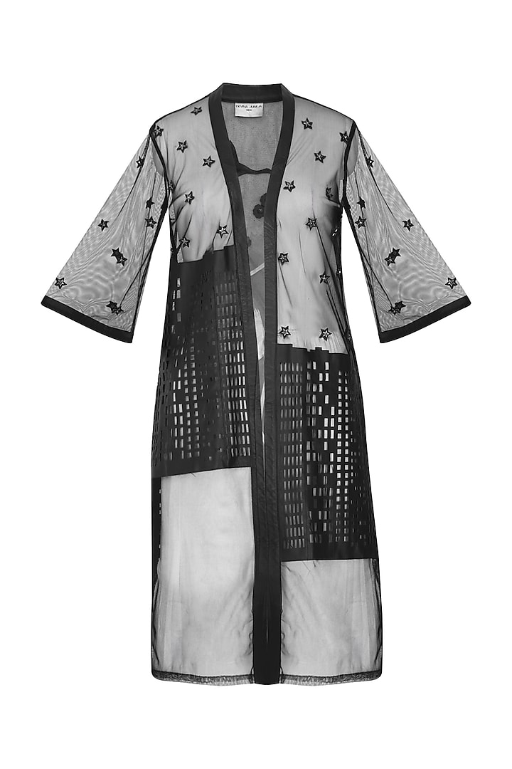 Black Applique Work Front Open Kimono Jacket by Devina Juneja