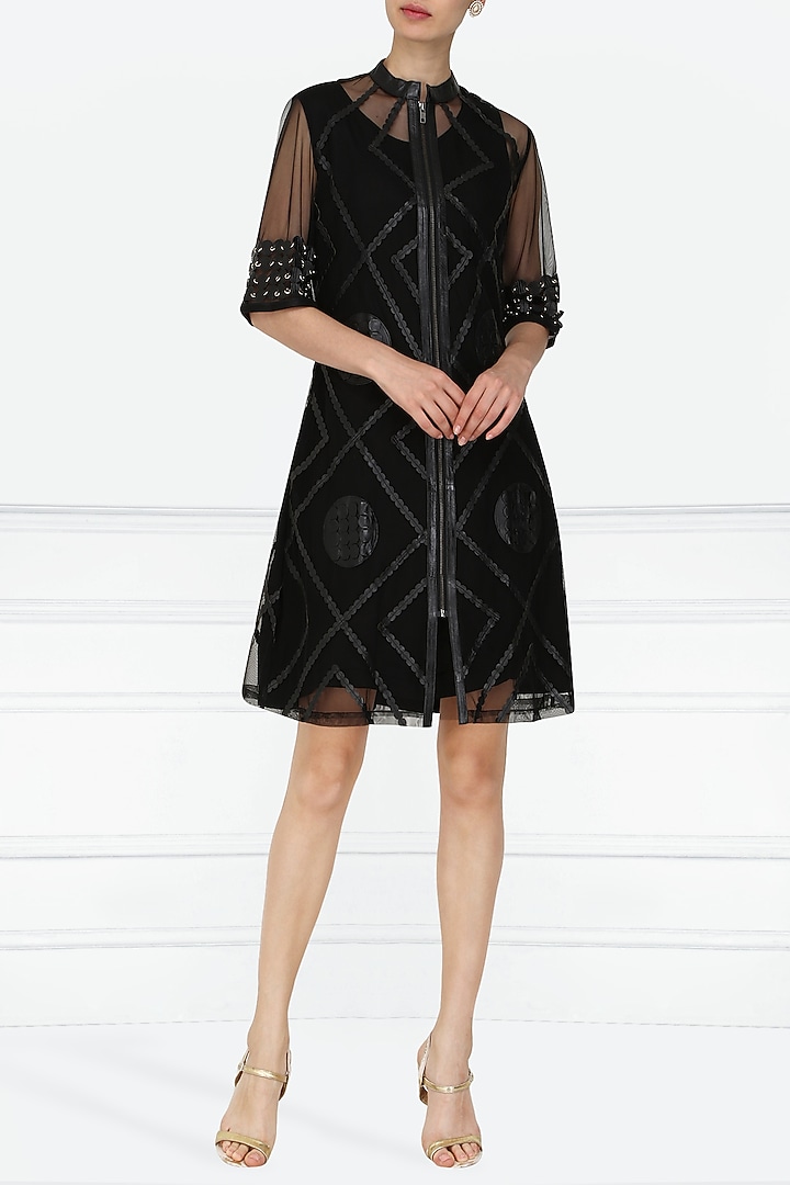 Black applique work knee length dress available only at Pernia's Pop Up Shop.