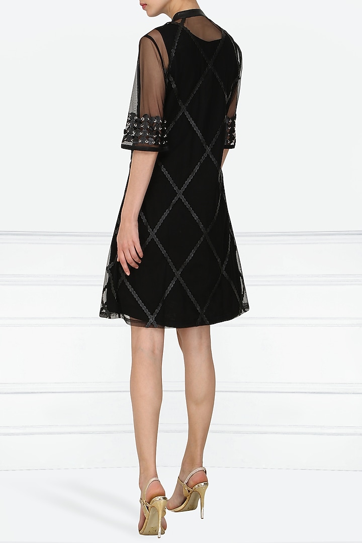 Black applique work knee length dress available only at Pernia's Pop Up Shop.