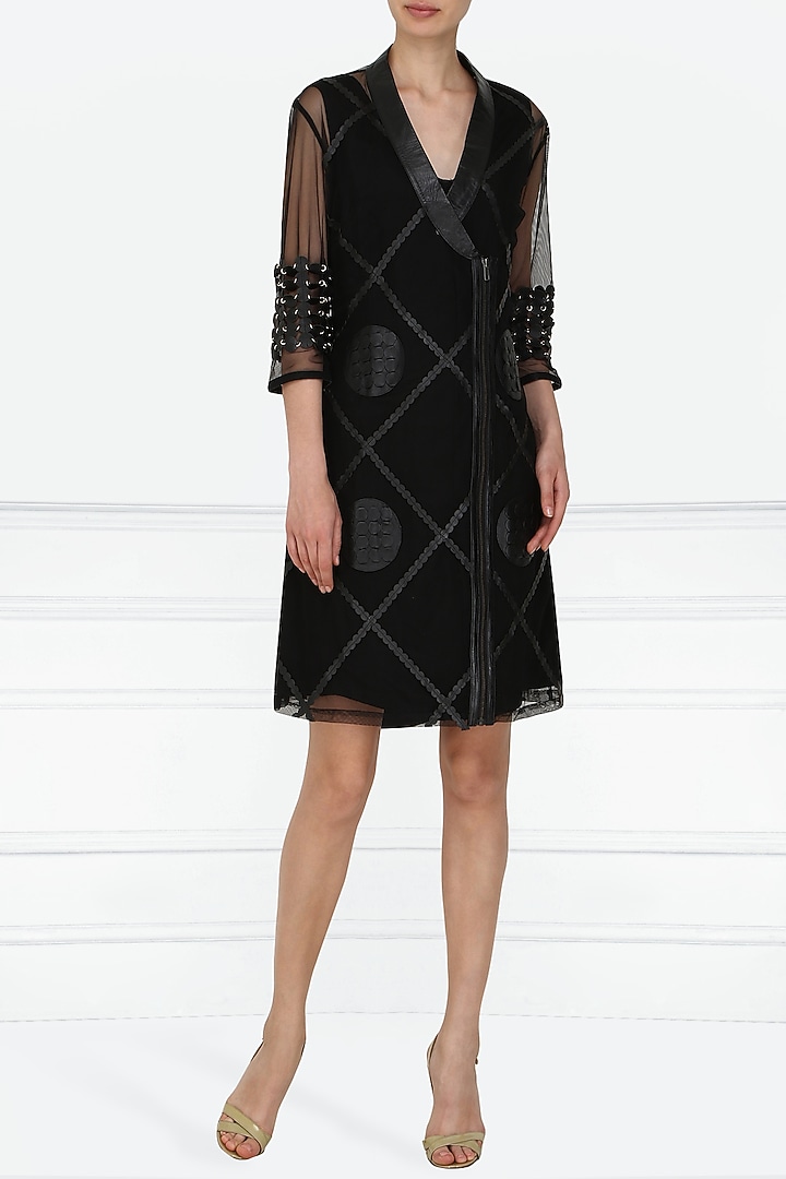 Black applique work knee length blazer dress available only at Pernia's Pop Up Shop.