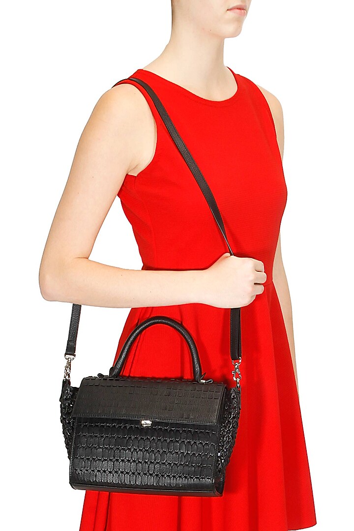 Black mixed weave sqaure flap satchel. available only at Pernia's Pop-Up Shop.
