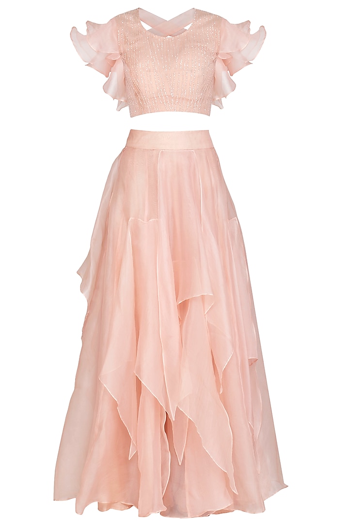 Baby Pink Embroidered Blouse With Ruffled Skirt by Shalini Dokania