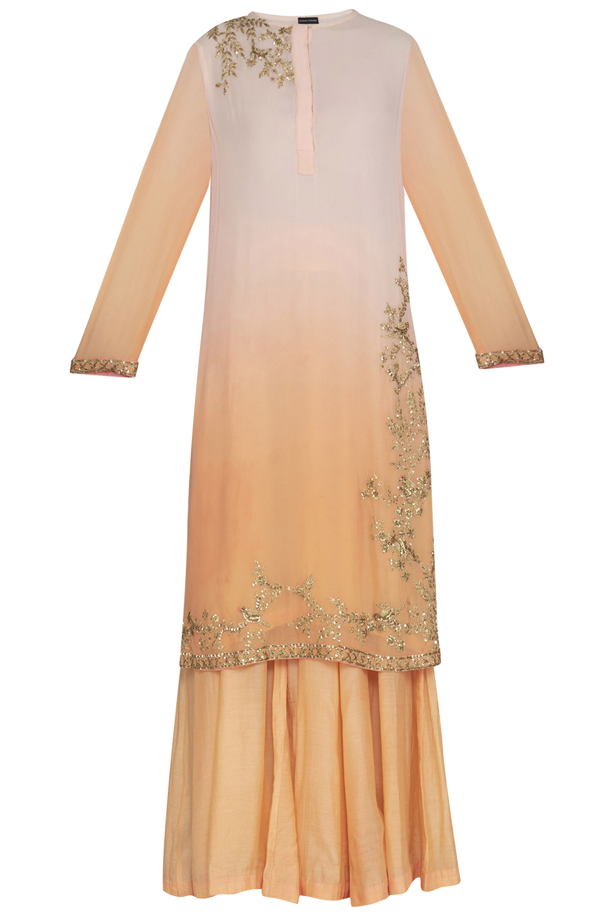 Pink To Peach Shaded Embroidered Sharara Set by Shalini Dokania