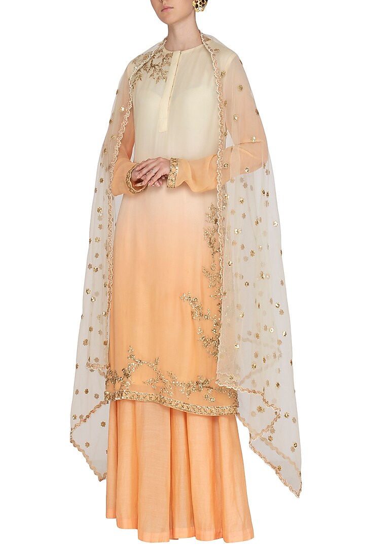 Off White To Peach Shaded Embroidered Sharara Set by Shalini Dokania at Pernia's Pop Up Shop