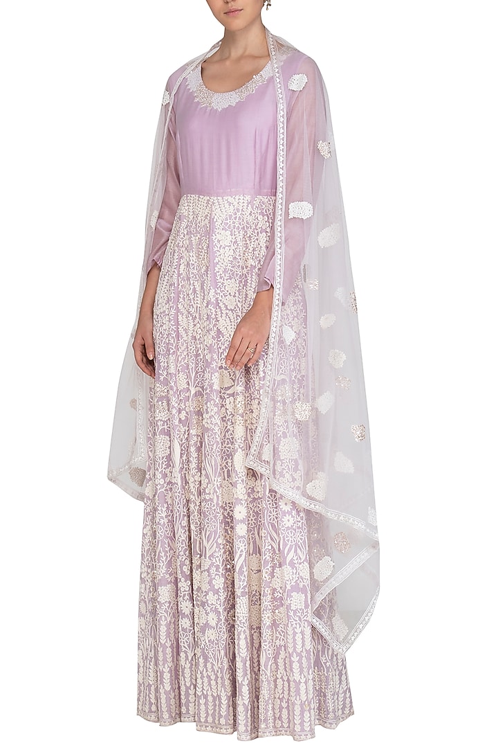 Lavender Embroidered Wedding Anarkali Set by Shalini Dokania at Pernia's Pop Up Shop