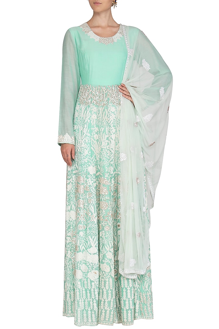 Mint Blue Embroidered Wedding Anarkali Set by Shalini Dokania at Pernia's Pop Up Shop