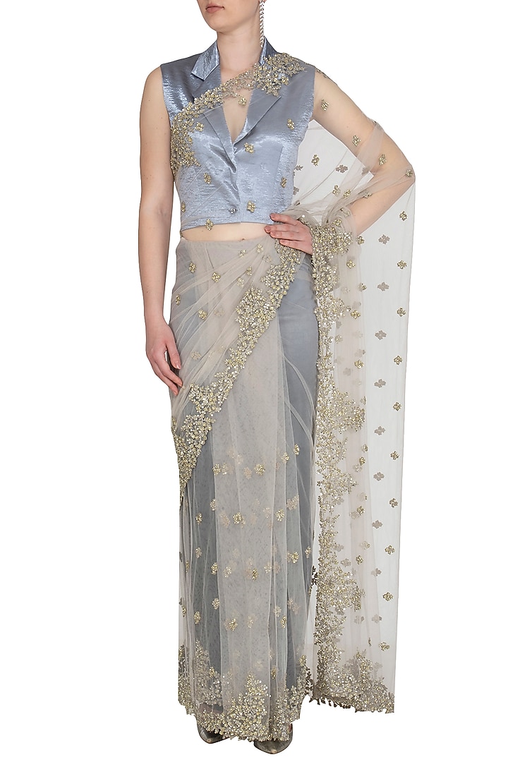 Grey Embroidered Net Wedding Saree Set by Shalini Dokania at Pernia's Pop Up Shop