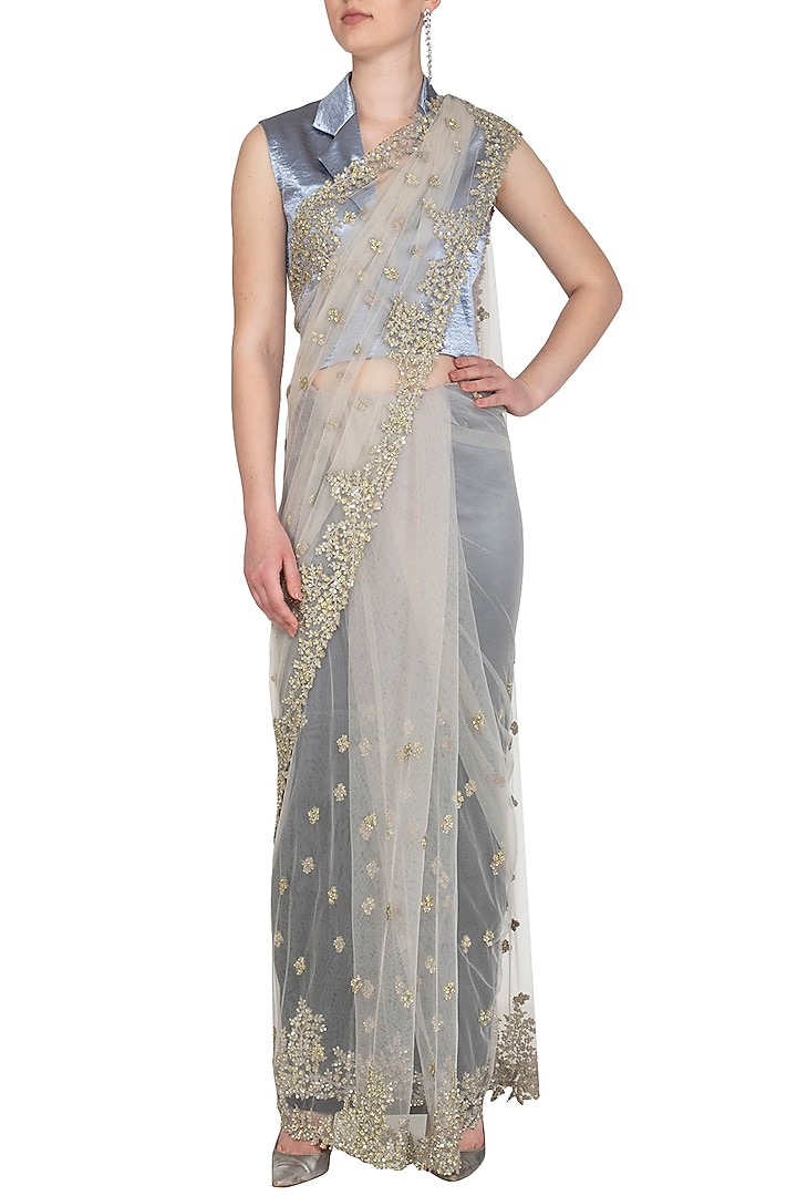 Grey Embroidered Net Wedding Saree Set by Shalini Dokania at Pernia's Pop Up Shop