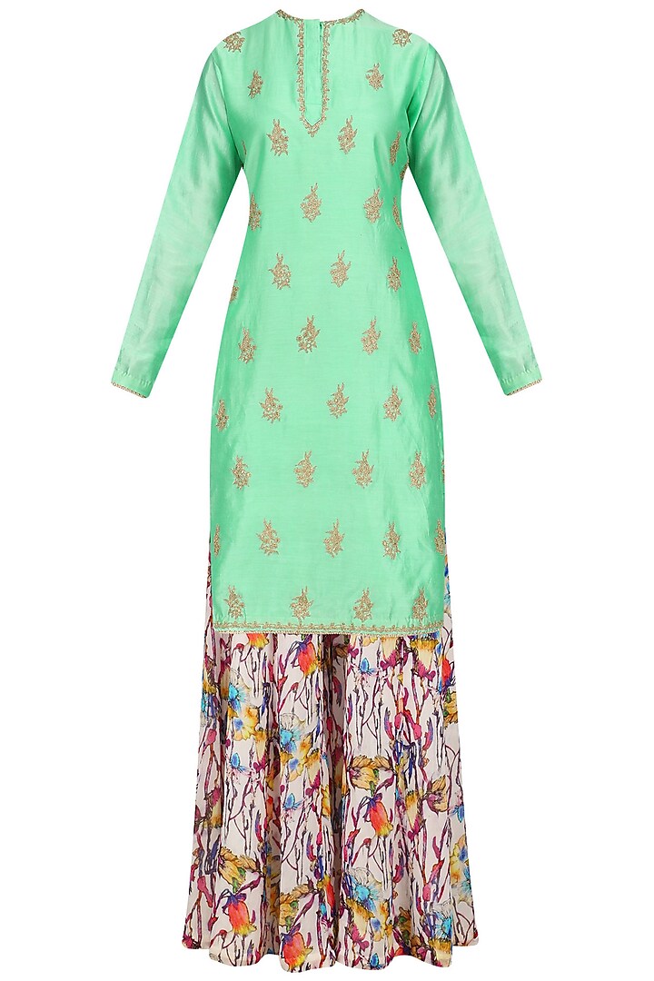 Aqua Green Embroidered Kurta with Floral Print Sharara Pants by Shalini Dokania