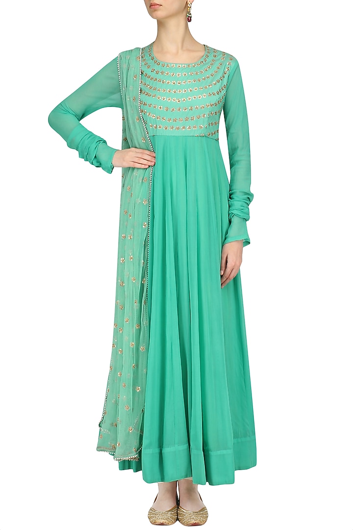 Aqua and gold sequins embroidered anarkali kurta set available only at Pernia's Pop Up Shop.