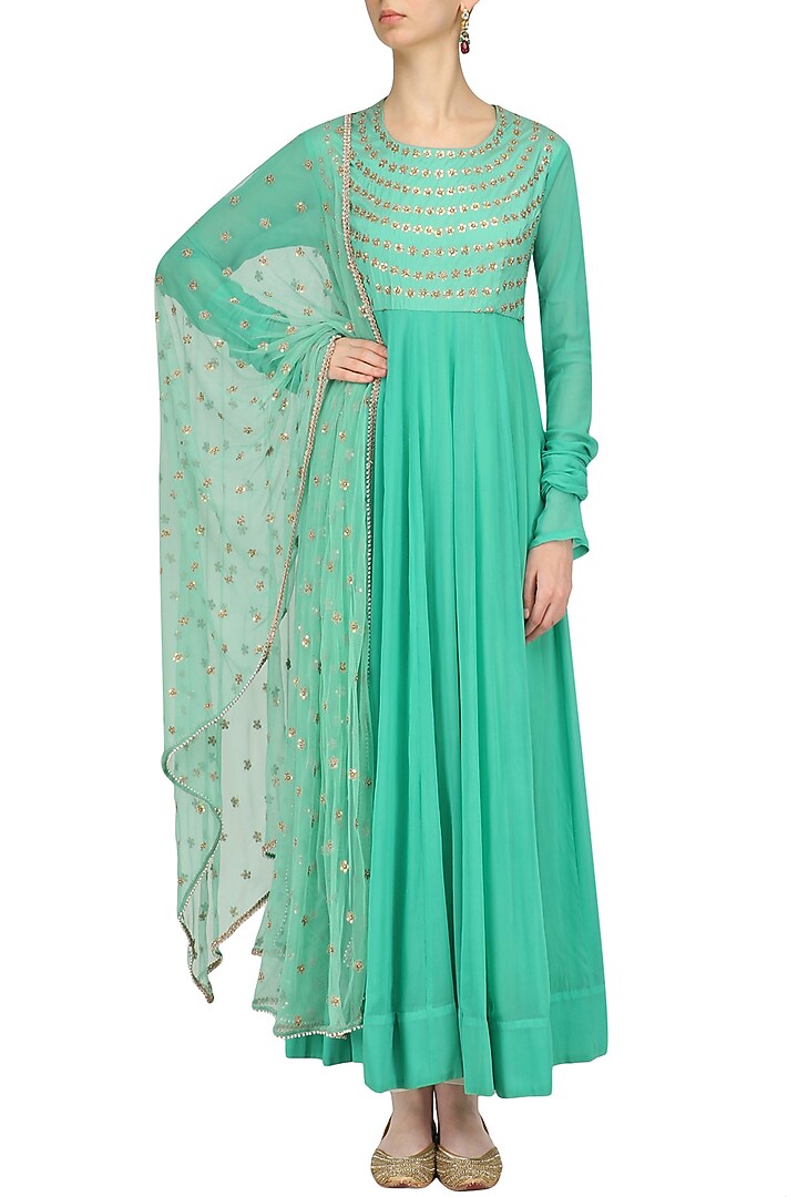 Aqua and gold sequins embroidered anarkali kurta set available only at Pernia's Pop Up Shop.
