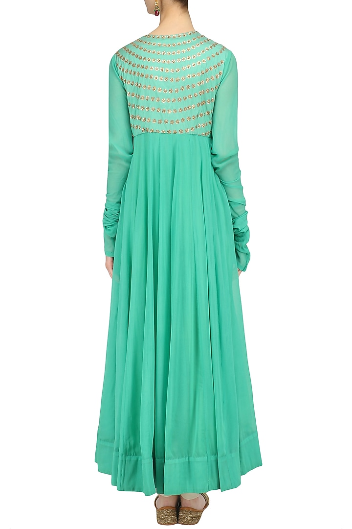 Aqua and gold sequins embroidered anarkali kurta set available only at Pernia's Pop Up Shop.
