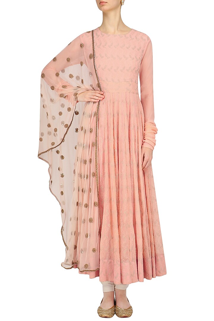 Pink leaf embroidered anarkali kurta set available only at Pernia's Pop Up Shop.