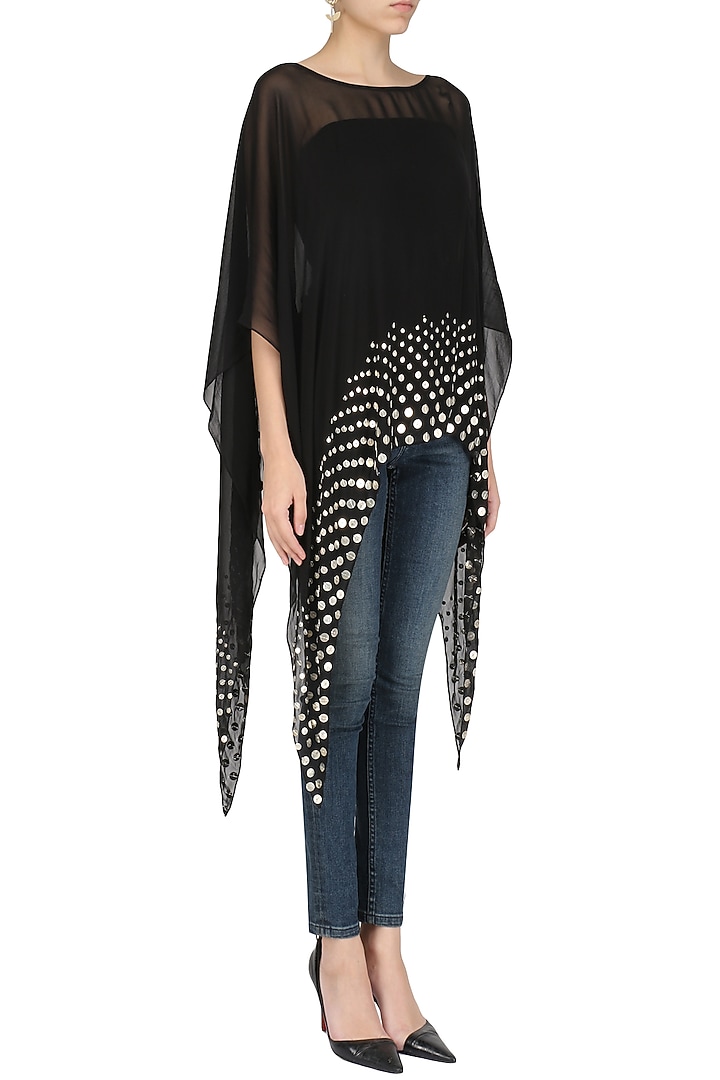 Black coin embellished asymmetrical cape available only at Pernia's Pop Up Shop.