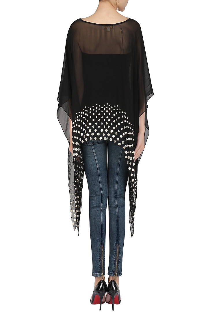 Black coin embellished asymmetrical cape available only at Pernia's Pop Up Shop.
