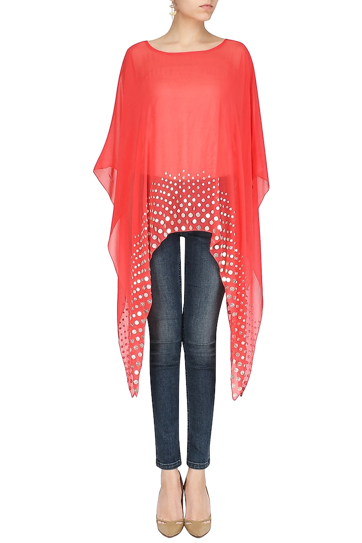 Red coin embellished asymmetrical cape available only at Pernia's Pop Up Shop.