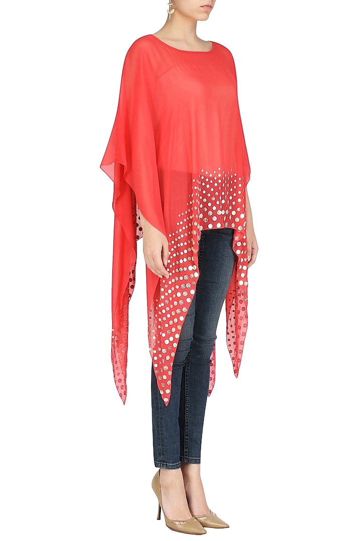 Red coin embellished asymmetrical cape available only at Pernia's Pop Up Shop.