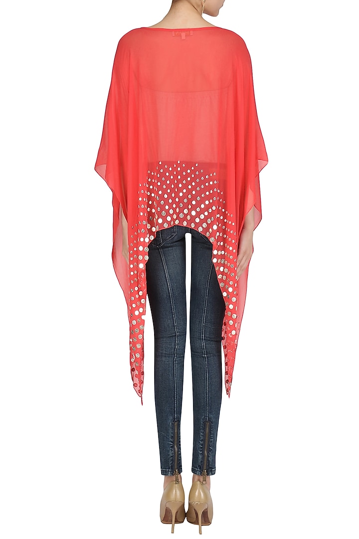 Red coin embellished asymmetrical cape available only at Pernia's Pop Up Shop.