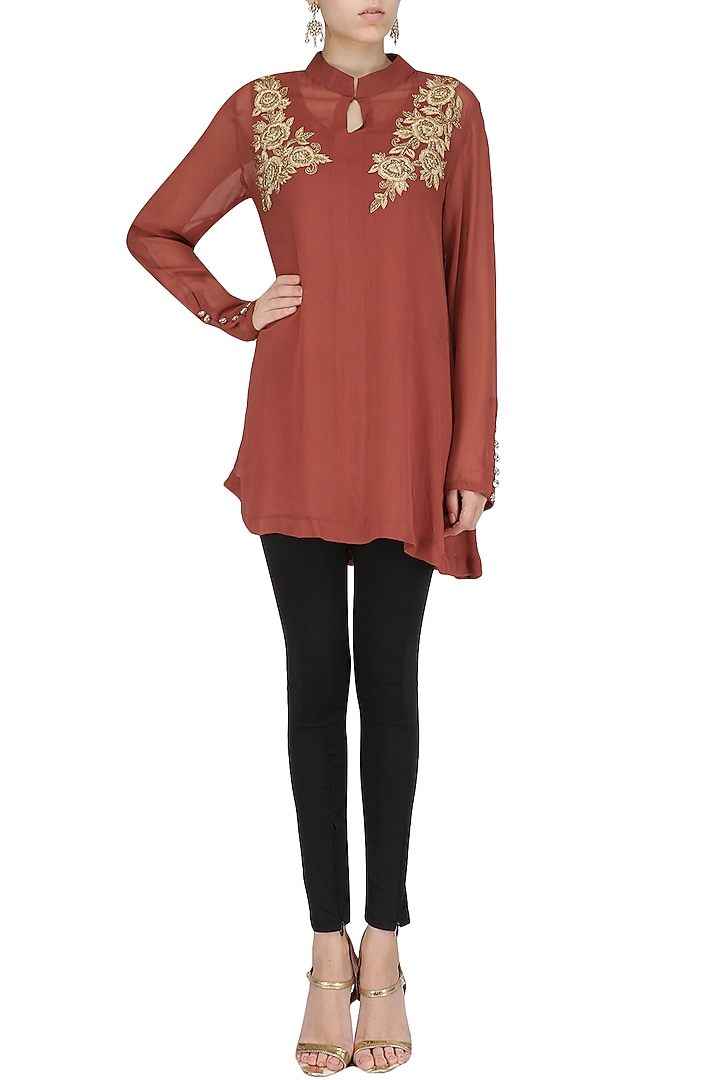 Sage brick red embroidered tunicavailable only at Pernia's Pop Up Shop.