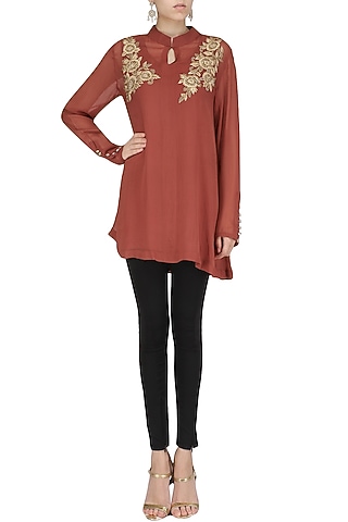 Sage Brick Red Embroidered Tunic by Shirrin Design Co.