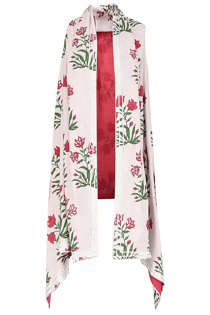 White and Red Printed Asymmetrical Shrug by Shirrin Design Co.