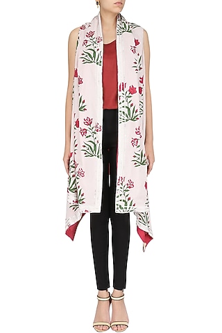White and Red Printed Asymmetrical Shrug by Shirrin Design Co.