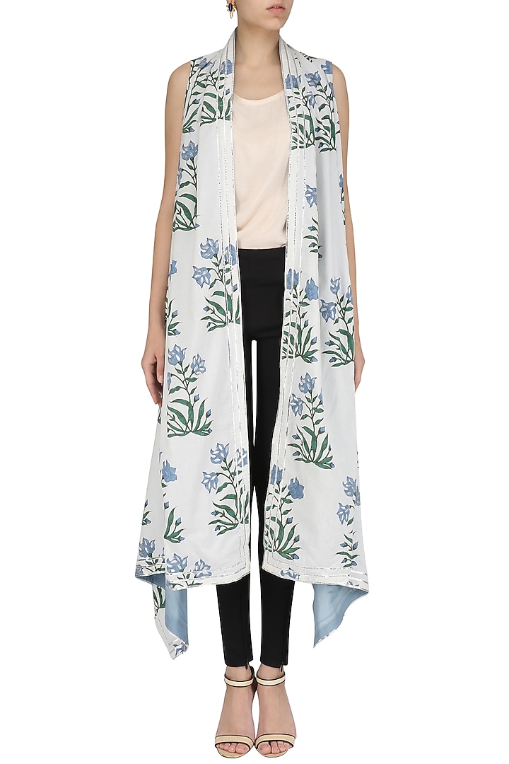 White and blue printed asymmetrical shrug available only at Pernia's Pop Up Shop.