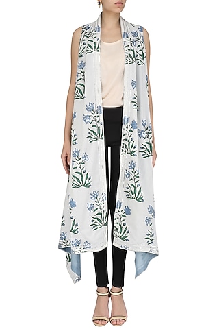 White and Blue Printed Asymmetrical Shrug by Shirrin Design Co.