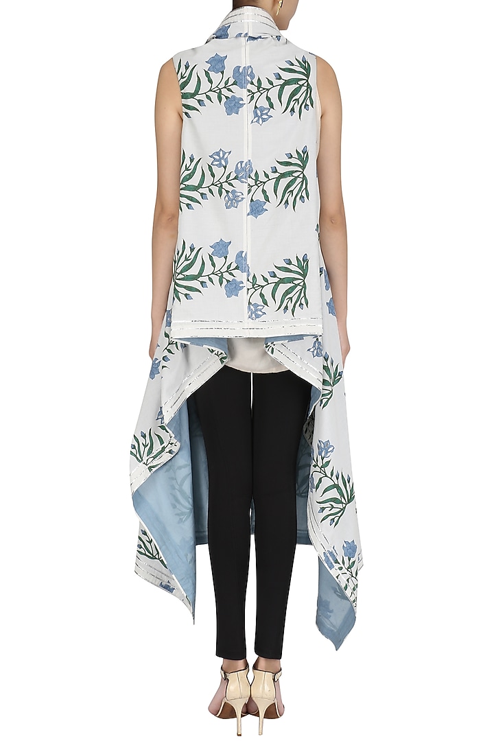 White and blue printed asymmetrical shrug available only at Pernia's Pop Up Shop.