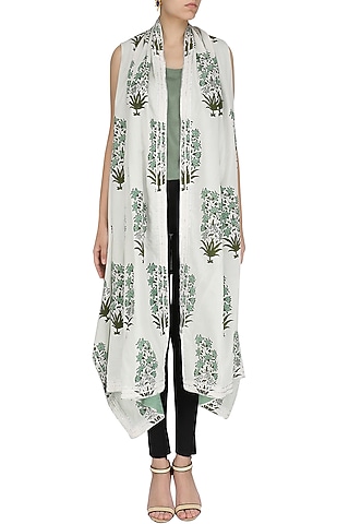 White and Green Printed Asymmetrical Shrug by Shirrin Design Co.