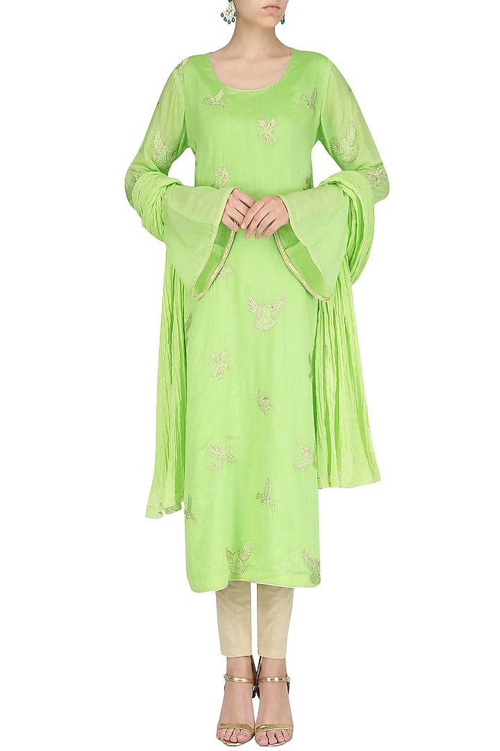 Mint spunsilk embroidered kurta and dupatta available only at Pernia's Pop Up Shop.