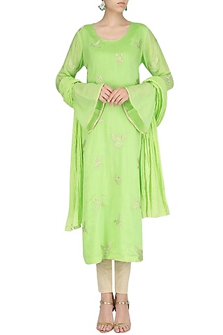 Mint Spunsilk Embroidered Kurta and Dupatta by Shirrin Design Co.
